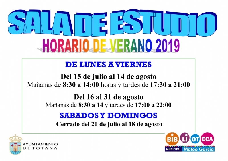 La Biblioteca Municipal Mateo Garca fija a partir del lunes 24 de junio el nuevo horario de verano, de 8:30 a 14:00 horas