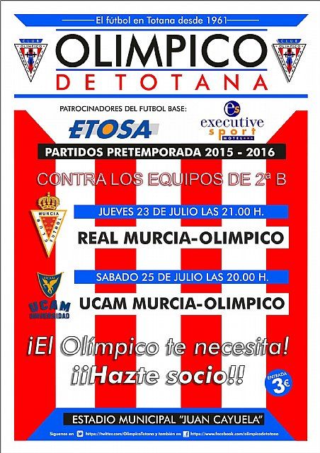 El partido entre el Olímpico de Totana y el UCAM Murcia se disputará mañana, a las 20:00 horas, en el estadio municipal "Juan Cayuela"