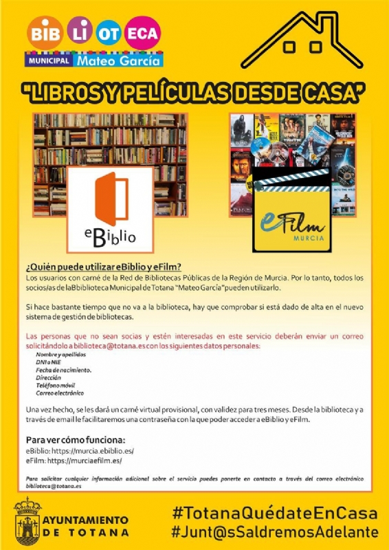La Biblioteca Municipal Mateo Garca te ofrece dos interesantes alternativas para el entretenimiento y la cultura en casa: las plataformas eBiblio y eFilm