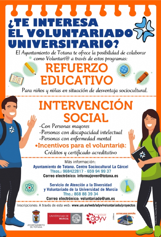 El Ayuntamiento ofrece, de nuevo, a los universitarios de la UMU la posibilidad de participar como  voluntarios en proyectos de inters social para el curso 2019/20