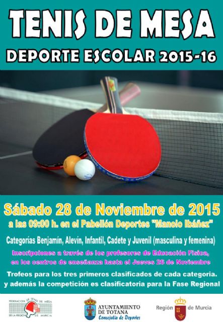  La Concejalía de Deportes organiza el próximo sábado 28 de noviembre,  la Fase Local de Tenis de Mesa de Deporte Escolar, en el Pabellón Municipal de Deportes 