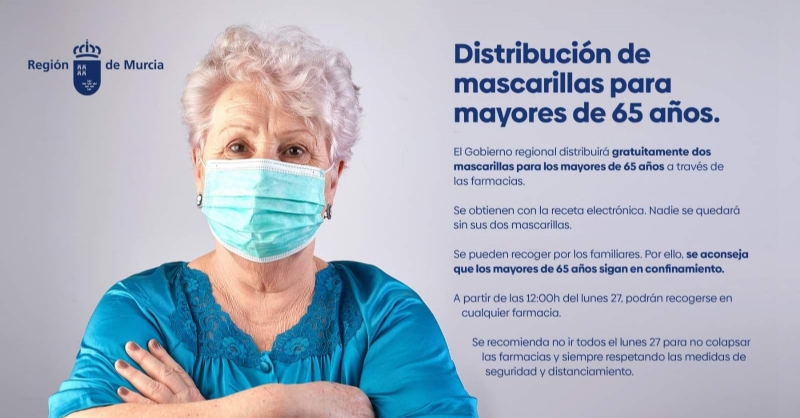 Las personas mayores de 65 aos pueden solicitar desde hoy lunes en las farmacias de la Regin dos mascarillas quirrgicas con su receta electrnica