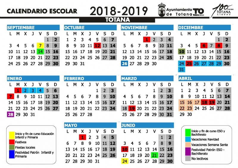 El curso escolar 2018/19 en el municipio de Totana comenzar en Educacin Infantil y Primaria el 7 de septiembre; en ESO y Bachillerato el 14 y en FP el 21 del mismo mes