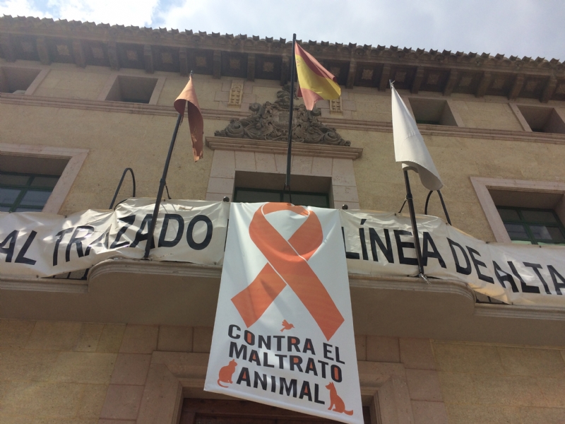 Totana conmemora hoy el Da Mundial de los Animales abogando por polticas contra el maltrato, con la colocacin de un  cartel con lazo naranja en la fachada consistorial