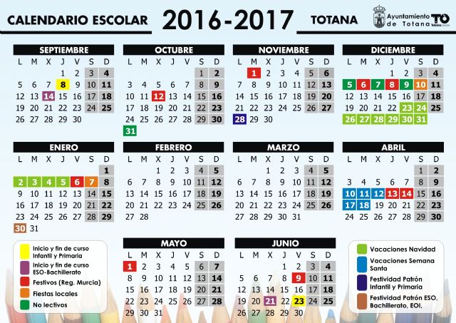 El comienzo del curso escolar 2016/17 en el municipio de Totana ser el da 8 de septiembre en Educacin Infantil y Primaria; y el da 14 en el caso de la ESO y Bachillerato