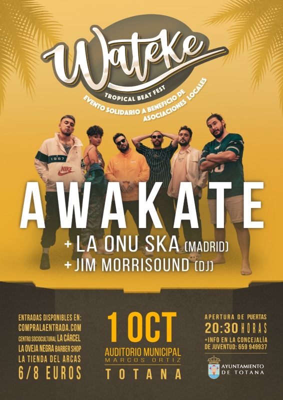 "Wateke", el concierto benéfico protagonizado por la banda "Awakate", tendrá lugar el 1 de octubre en el auditorio municipal "Marcos Ortiz"