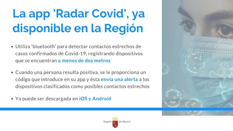La aplicación ‘Radar Covid’ ya está disponible en la Región de Murcia para contribuir a la búsqueda de contactos positivos de coronavirus