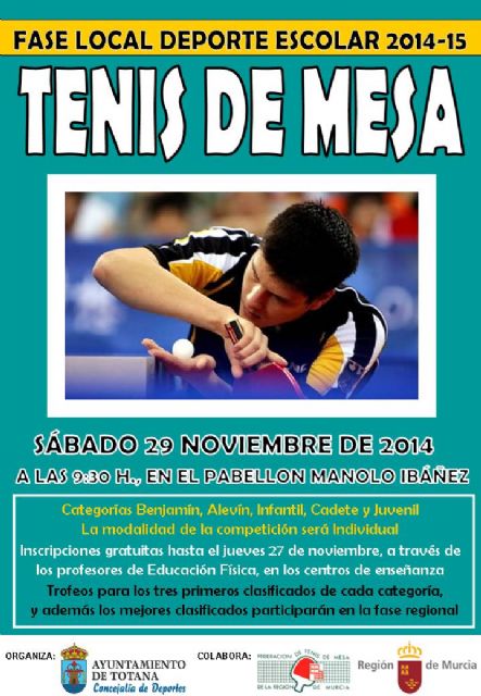 La Concejala de Deportes organiza el prximo sbado 29 de noviembre la Fase Local de Tenis de Mesa de Deporte Escolar, en el Pabelln de Deportes 