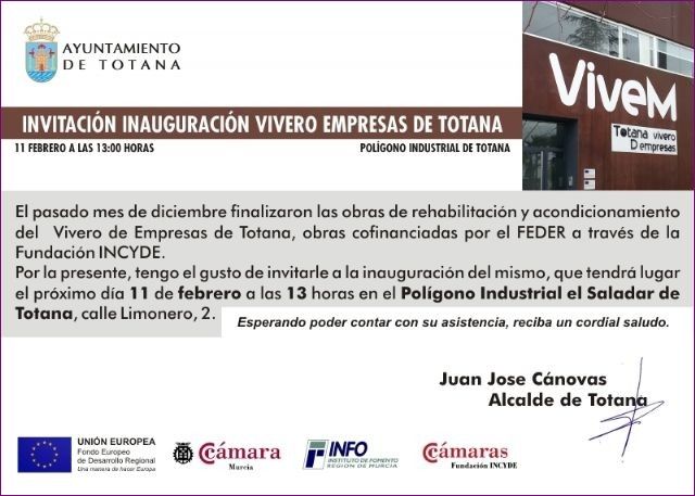El nuevo Vivero de Empresas de Totana, situado en el polgono  industrial El Saladar se inaugurar de forma definitiva el prximo   11 de febrero (13:00 horas)
