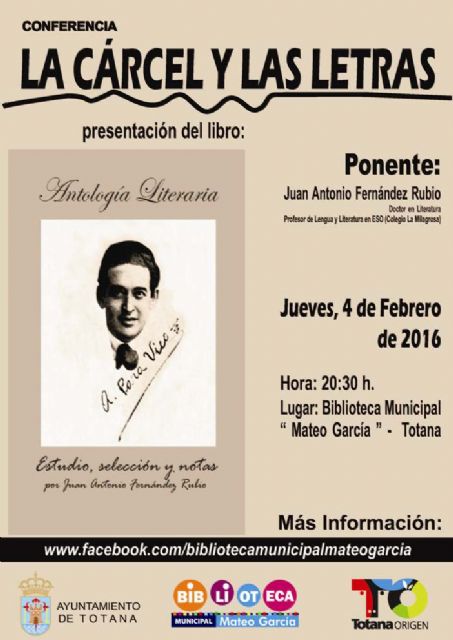 La Concejalía de Educación y Cultura organiza la conferencia "La Cárcel y las letras" el próximo 4 de febrero en la biblioteca municipal "Mateo García"