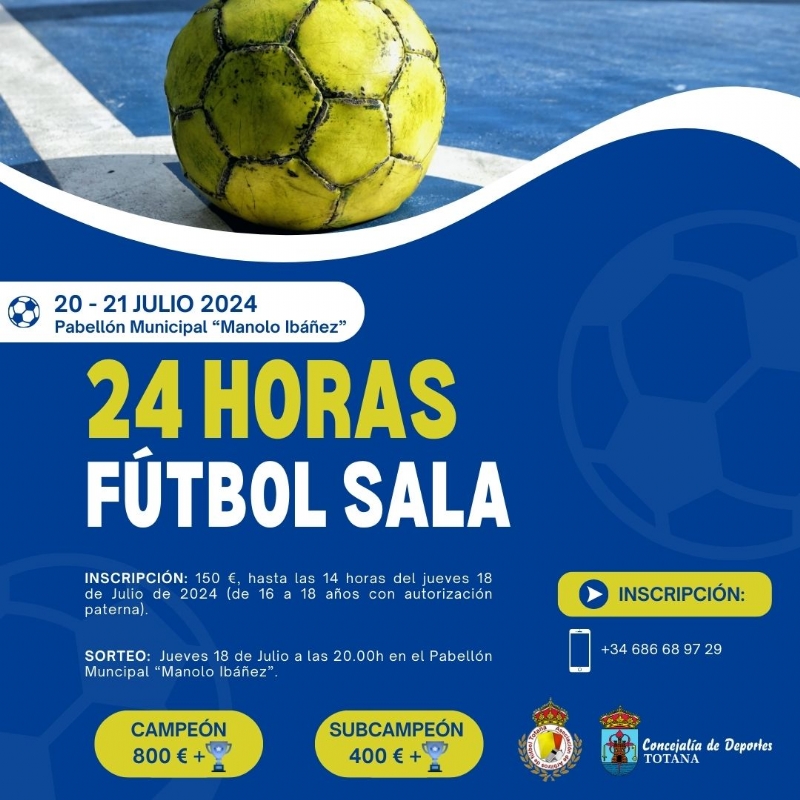 Las 24 Horas de Fútbol Sala, organizadas por la Asociación de Árbitros de Totana con la colaboración de la Concejalía de Deportes, tendrán lugar los días 20 y 21 de julio