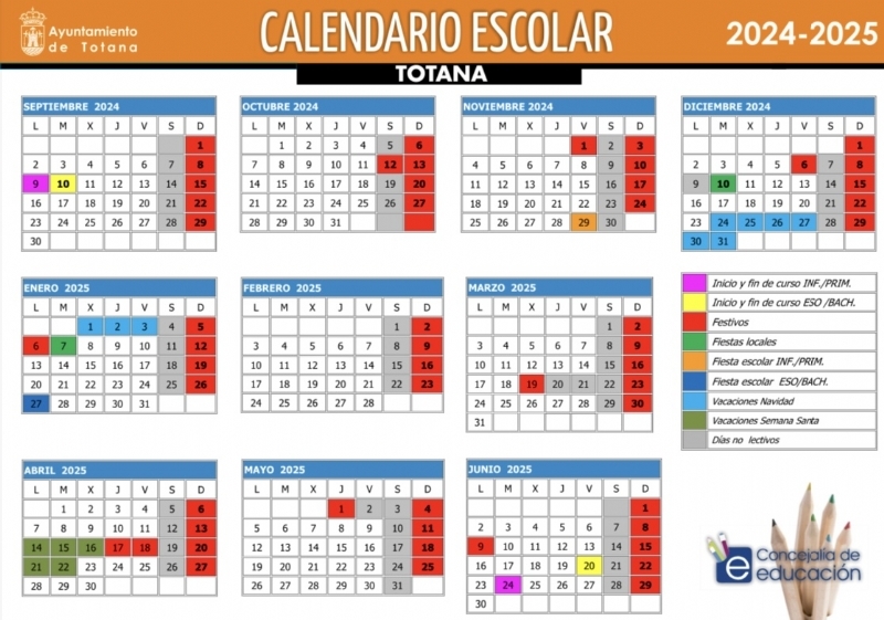 El curso escolar 2024/25 comenzar el 9 de septiembre en Educacin Infantil y Primaria, y el da 10 en la ESO y Bachillerato en el municipio Totana