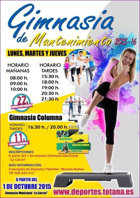 Una nueva temporada del programa municipal "Gimnasia de Mantenimiento" arranca mañana en el gimnasio de "La Cárcel", con tres turnos horarios por la mañana y cinco por la tarde