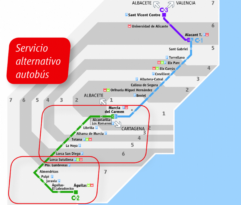 Se establecen, a partir de maana 1 de octubre, horarios alternativos de autobs al cierre de la lnea ferroviaria Murcia-Lorca-guilas por las obras de ADIF