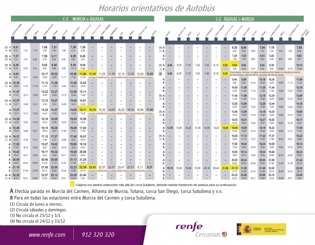Se establecen, a partir de mañana 1 de octubre, horarios alternativos de autobús al cierre de la línea ferroviaria Murcia-Lorca-Águilas por las obras de ADIF