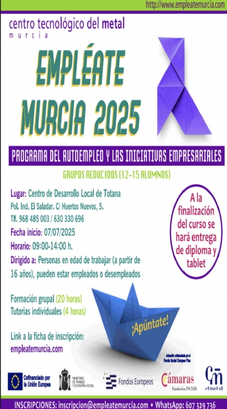 El gran éxito obtenido en la primera edición del programa "Empléate Murcia 2025" obliga a celebrar otra acción formativa del 7 al 10 de julio en el Centro de Desarrollo Local