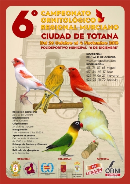 Totana acoge hasta el próximo 4 de noviembre el 6° Campeonato Ornitológico Regional Murciano en el Pabellón "Padres Capuchinos" del Polideportivo Municipal "6 de Diciembre