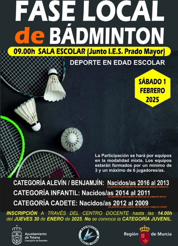 La Sala Escolar acoge maana la Fase Local de Bdminton de Deporte Escolar, en la que participan seis centros de enseanza de Totana y Aledo